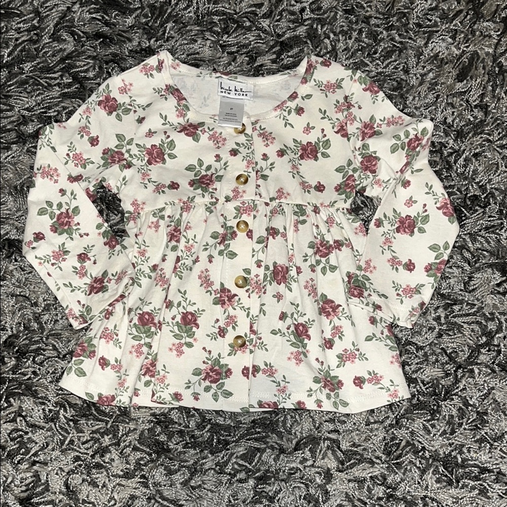 Nicole Miller Pink and White Button Down Peplum Shirt